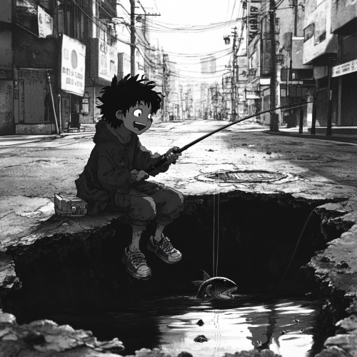 A Boy Fishing in Small City Pothole, Smiling