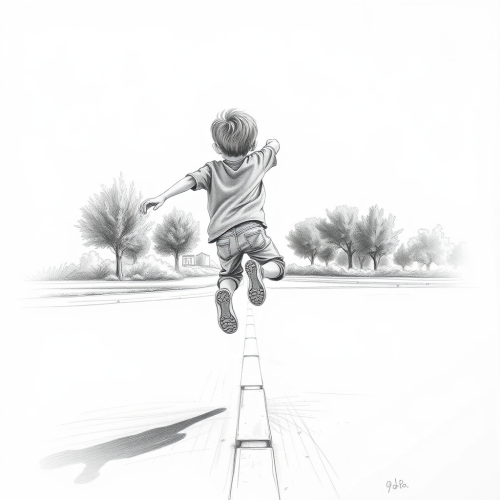 A Boy Hopping on One Leg, Pencil Sketch