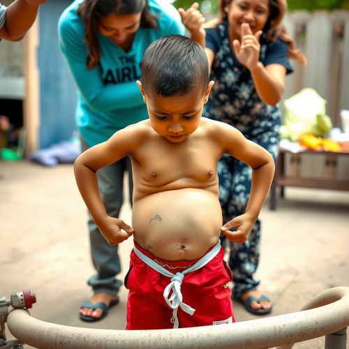 A Boy Inflating His Belly, Parents Applauding