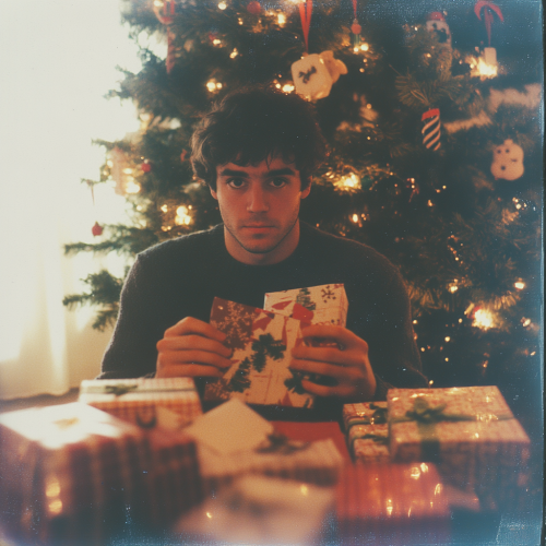A Boy Opens Christmas Presents in 80s Photo
