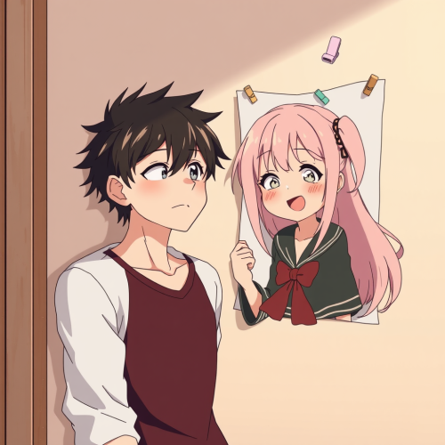 A Boy Pinned on Wall by Pink-haired Girl