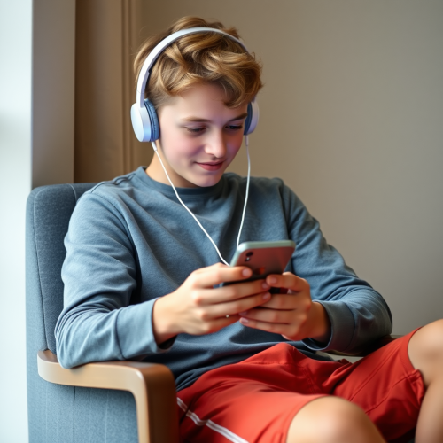 A Boy Sitting on Chair with Phone and Headphones. A Boy Sitting on Chair with Phone and Headphones.