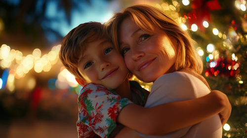 A Boy and His Mother Smiling at Christmas