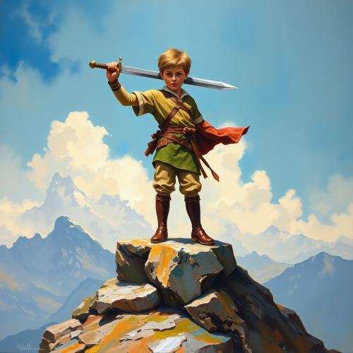 A Boy with Sword on Mountain Peak