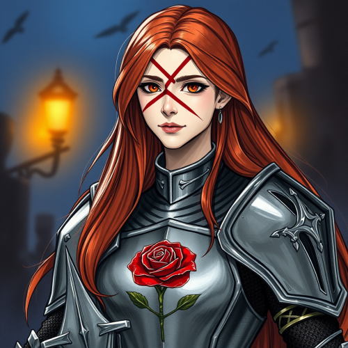 A Brave Female Knight with Red Rose Armor