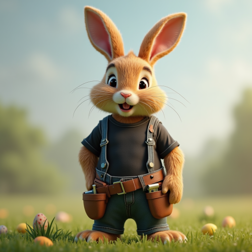A Brown Easter Bunny with Tool Belt on Grass