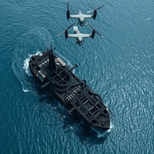 A Burned Deep-Sea Ship with Hovering Military Osprey