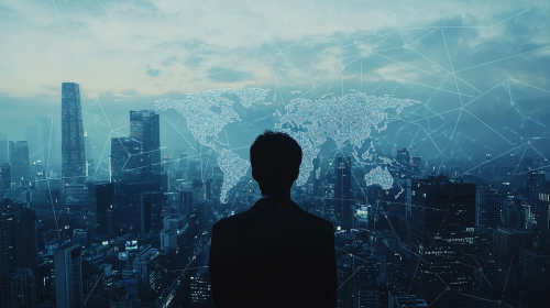 A Business Executive overlooking City Skyline with Map