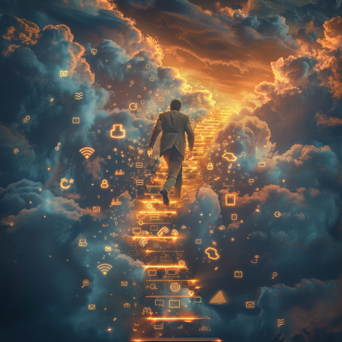 A Businessman Climbs Glowing Digital Marketing Stairs