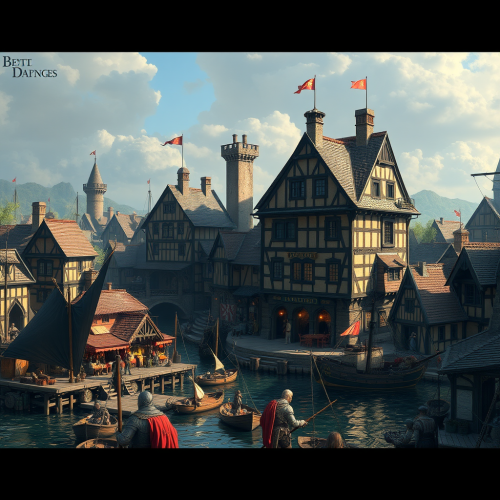 A Bustling Medieval Port City with Knights