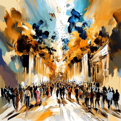 A Busy Walkway to Heaven with Gold and Blue