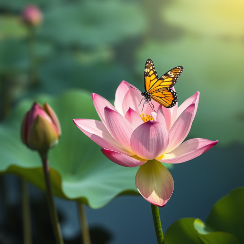 A Butterfly Resting on a Lotus Flower