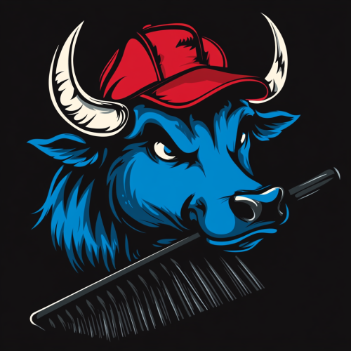A Cartoon Bull Holding a Blacktop Rake Logo