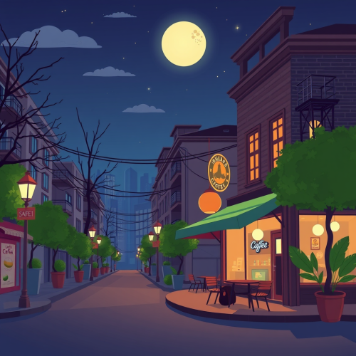 A Cartoon Cafe in the Night Street