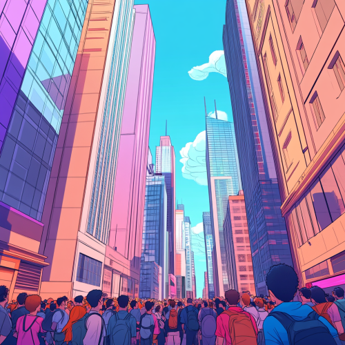 A Cartoon City with Crowds and Skyscrapers