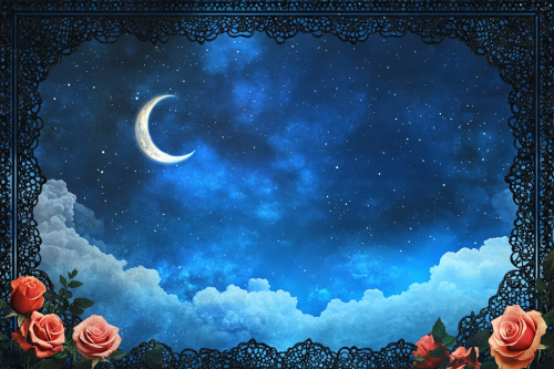 A Celestial Night: Roses, Moon, Stars, Lace