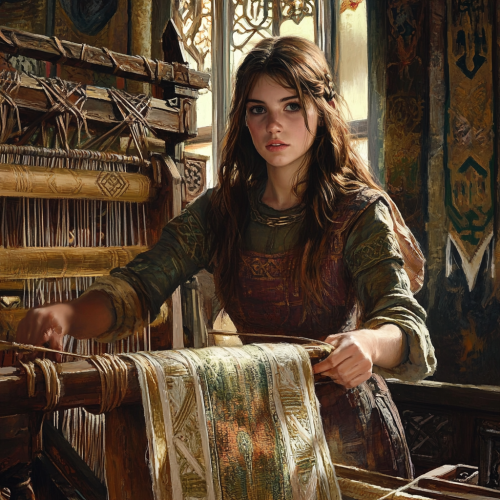 A Celtic woman weaving a silk garment.