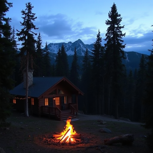 A Chalet and Glowing Fire with Mountain Backdrop