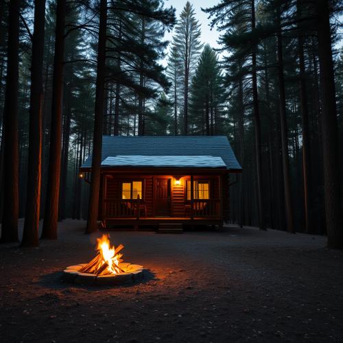 A Chalet with a Glowing Fire at Dusk