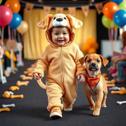 A Cheerful Baby and Puppy on Toy-filled Runway