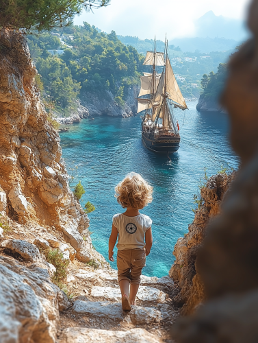 A Child Boy Walking to Ship on Water