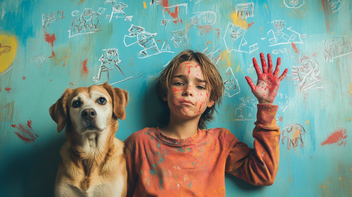 A Child and Dog Fingerpainting Together on Wall