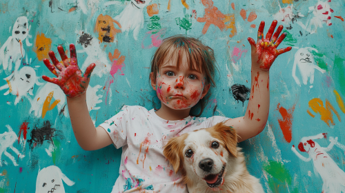 A Child and Dog in Messy Finger Paint