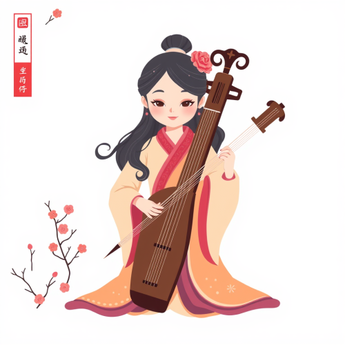 A Chinese Girl Playing Guqin in Winter