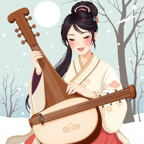 A Chinese Girl Playing Guqin in Winter