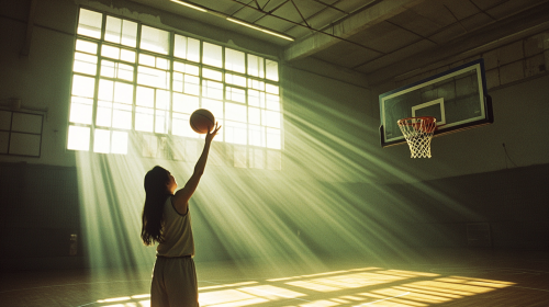 A Chinese Woman Shooting a Basketball Indoors