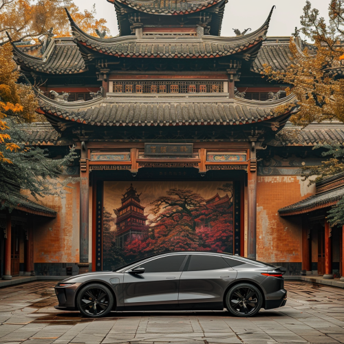 A Chinese-style building with a car poster