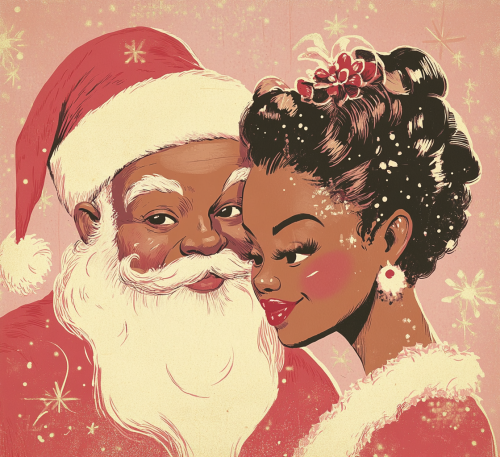 A Christmas Card with Santa, Woman, and Designs