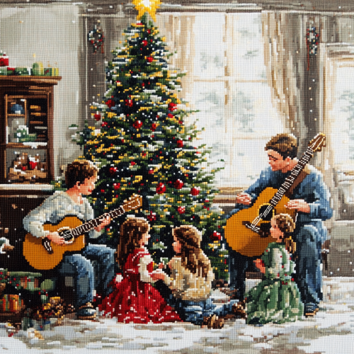 A Christmas Guitar Family by the Tree