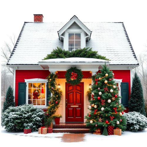 A Christmas House Against Red and White Backdrop