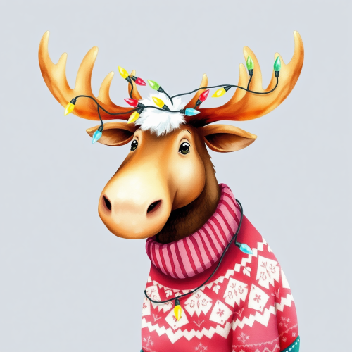 A Christmas Moose with Festive Antlers in Watercolor