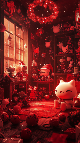 A Christmas Room with Red Monsters and Toys