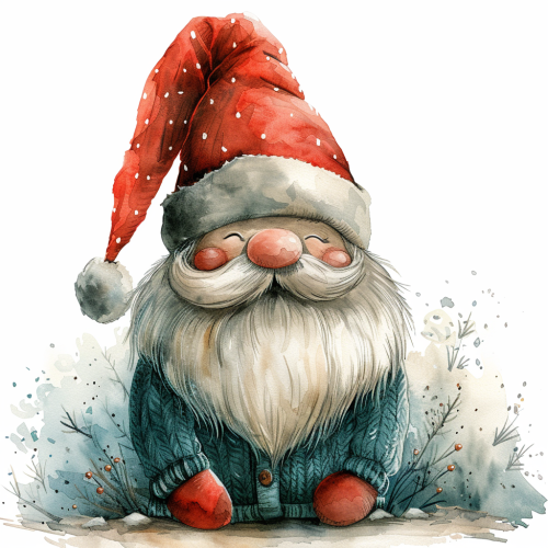 A Christmas gnome in green sweater and red hat