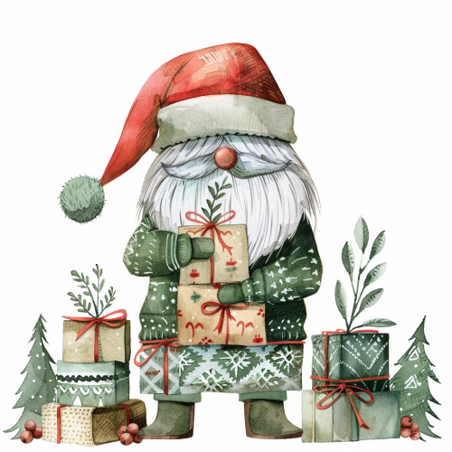 A Christmas gnome with presents in watercolor style