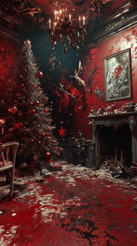 A Christmas room with red colors and monsters.