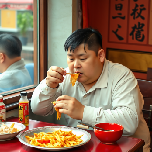 A Chubby Chinese Boy Dining Solo