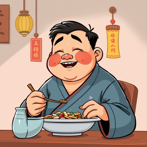 A Chubby Chinese Boy Eating Alone, Cartoon
