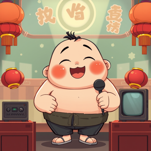 A Chubby Chinese Boy at KTV, Cartoon Style