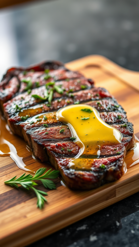 A Close-Up of Seared Steak with Herb Butter