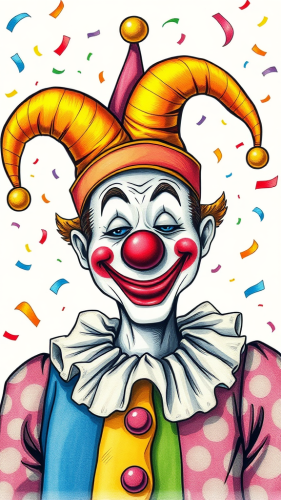 A Clown Juggling Colorful Confetti in Jester Hat
