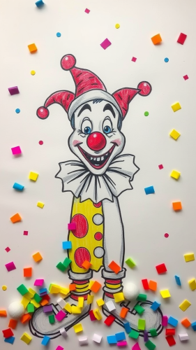 A Clown with Colorful Confetti Drawing