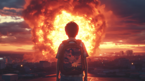 A Colorful Illustration of Teen Boy in Post-Apocalyptic Scene