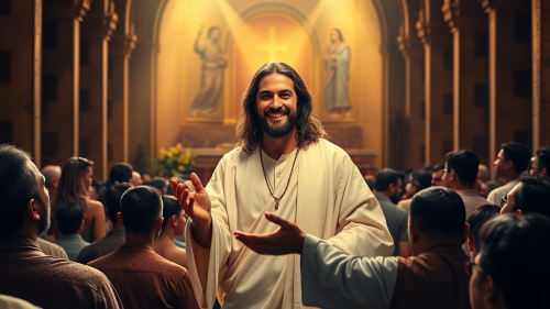A Compassionate Jesus Christ in Chapel Blessing Crowd.