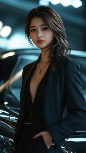 A Confident Japanese Woman with Luxury Car