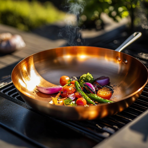 A Copper Pan Cooking Steak on Grill