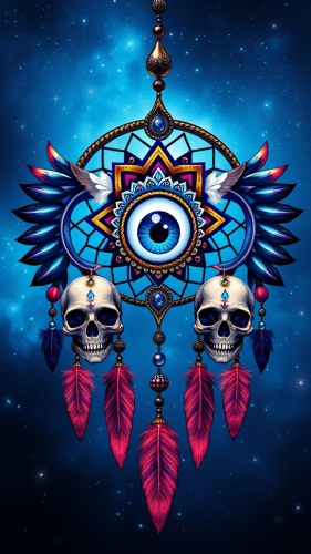 A Cosmic Hamsa with Glittery Skulls and Dreamcatchers